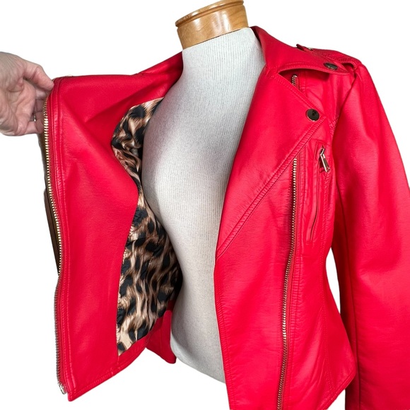 V Cristina Faux Red Leather Moto Jacket With Gold Colored Hardware Small… - Picture 9 of 15